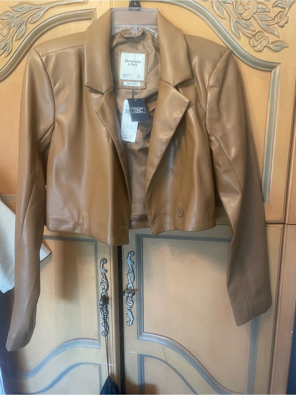 Abercrombie & Fitch Cropped Faux Leather Blazer in Tan Brown